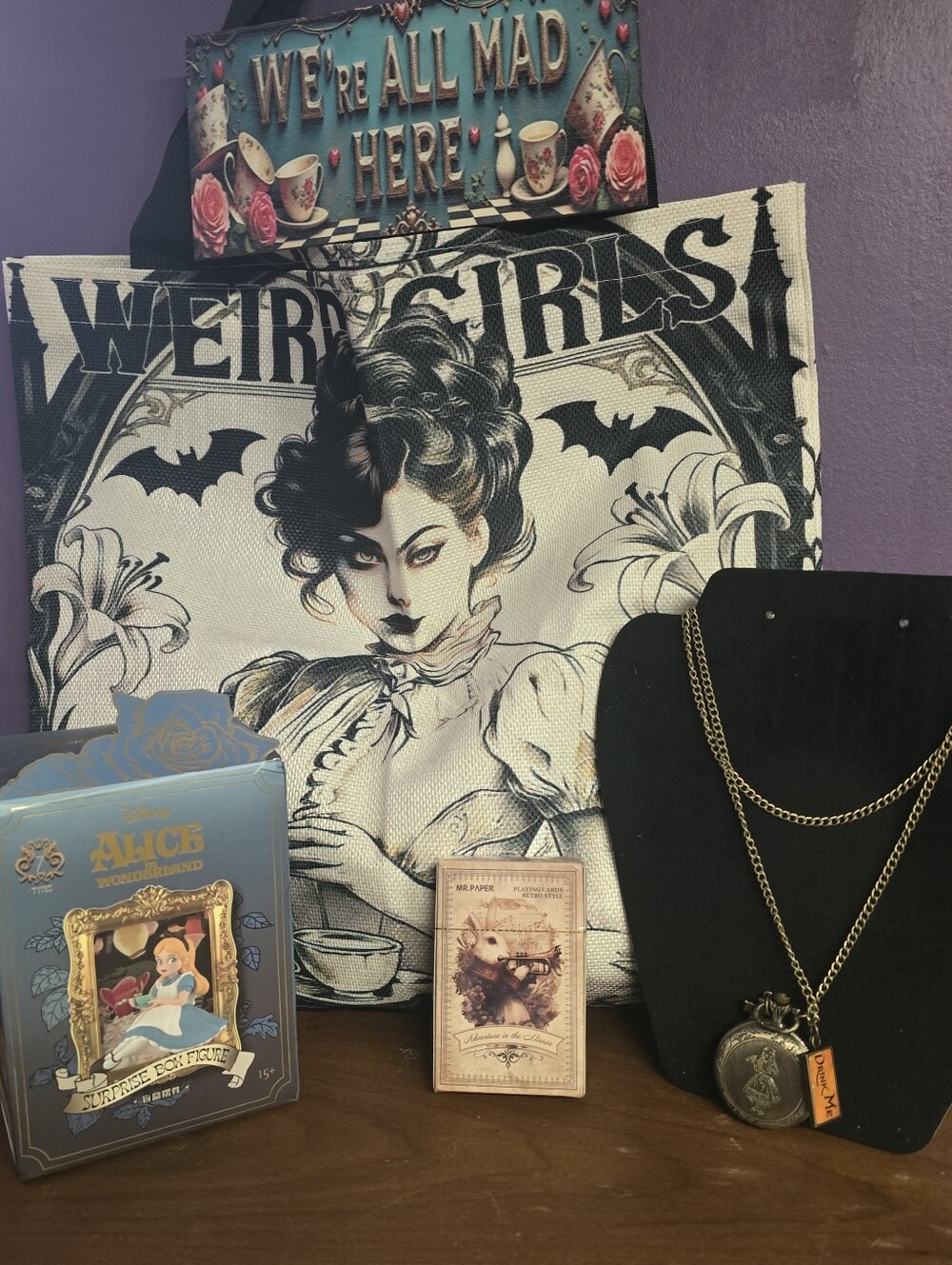 Alice in Wonderland Curated Collector Gift Bundle – Tote, Figure, Pocket Watch +